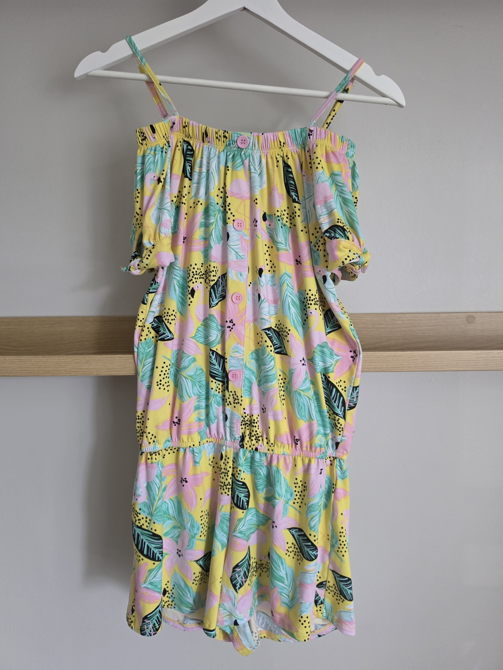 Girls Tropical Off-Shoulder One-Piece Romper - Pink, Yellow & Mint